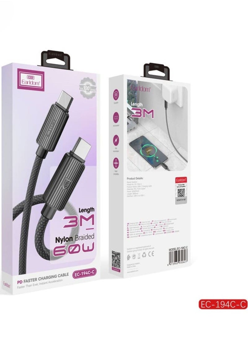 Earldom EC-194 60W Type-C to Type-C Cable, 3 Meters - Fast Charging and Data Transfer  - Image 4