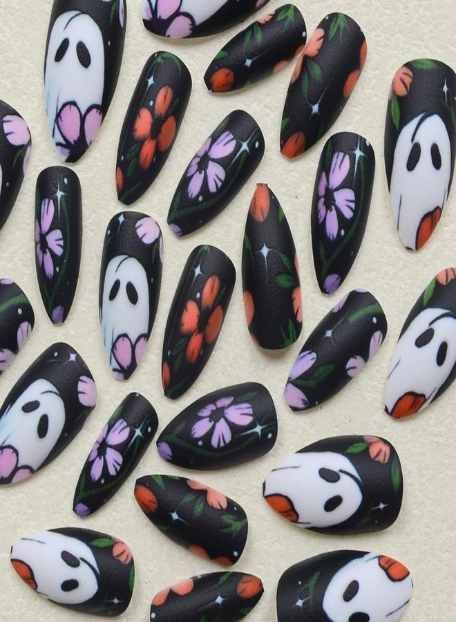 CTTHNBD Halloween Press on Nails Almond Medium False Nails with Floral Ghost Design Glue on Matte Acrylic Full Cover Stick on Fake Nails for Women Manicure 24 Pcs - Image 2