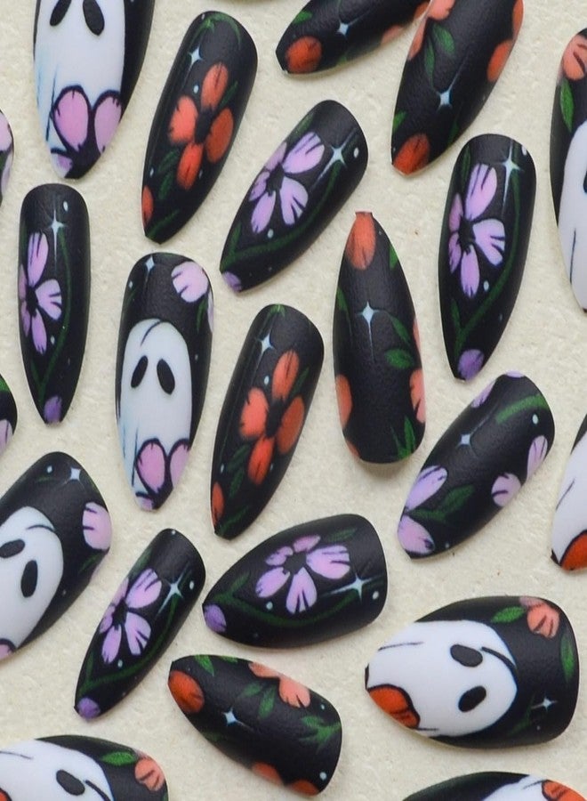 CTTHNBD Halloween Press on Nails Almond Medium False Nails with Floral Ghost Design Glue on Matte Acrylic Full Cover Stick on Fake Nails for Women Manicure 24 Pcs - Image 3