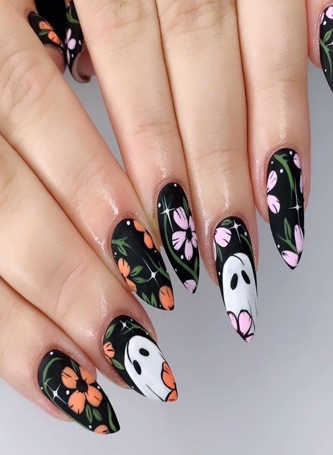 CTTHNBD Halloween Press on Nails Almond Medium False Nails with Floral Ghost Design Glue on Matte Acrylic Full Cover Stick on Fake Nails for Women Manicure 24 Pcs - Image 1