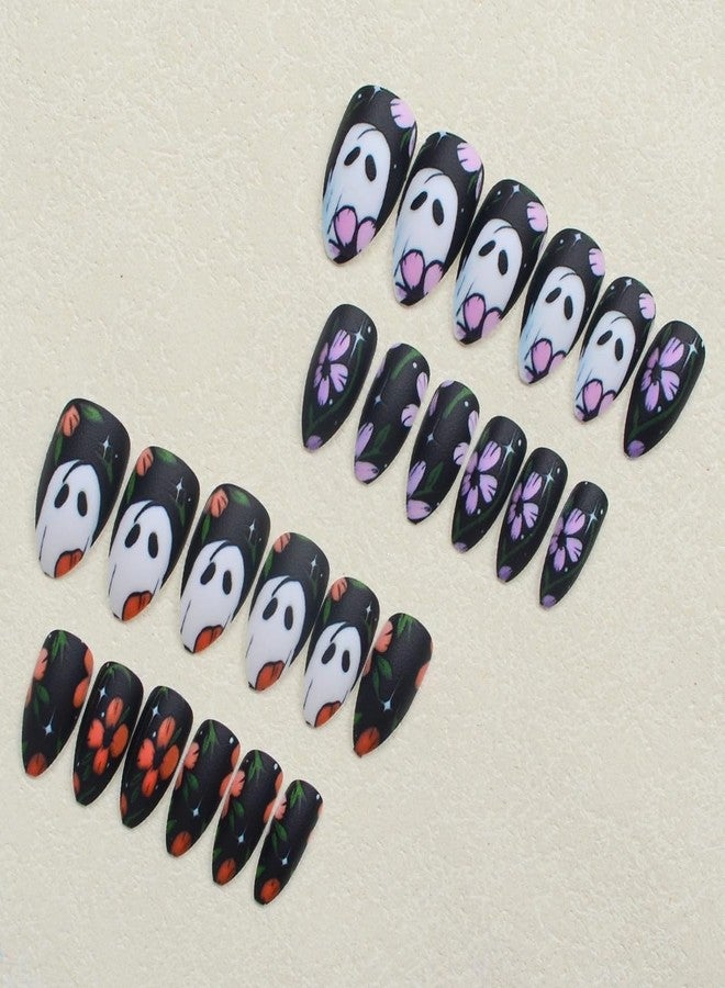 CTTHNBD Halloween Press on Nails Almond Medium False Nails with Floral Ghost Design Glue on Matte Acrylic Full Cover Stick on Fake Nails for Women Manicure 24 Pcs - Image 4