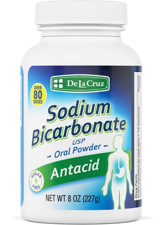 De La Cruz بيكربونات الصوديوم النقية من دي لا كروز - درجة USP بيكربونات الصودا النقية مسحوق مضاد للحموضة خالي من الألمنيوم للحموضة وعسر الهضم - 8 أونصات - Image 1