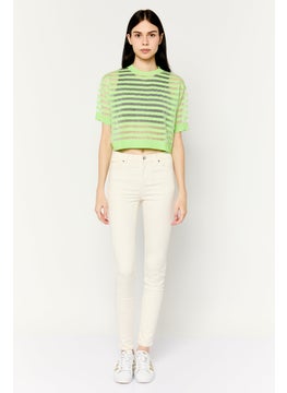 MANGO Women Crew Neck Short Sleeves Stripped Crop Top, Lime Green Combo  - Image 2