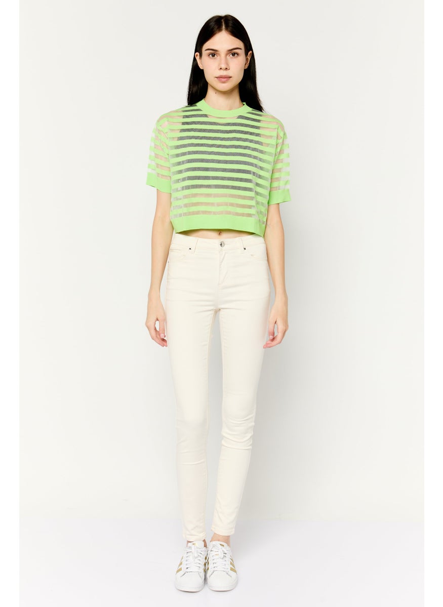MANGO Women Crew Neck Short Sleeves Stripped Crop Top, Lime Green Combo  - Image 2