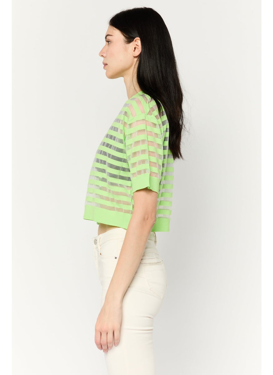 MANGO Women Crew Neck Short Sleeves Stripped Crop Top, Lime Green Combo  - Image 3