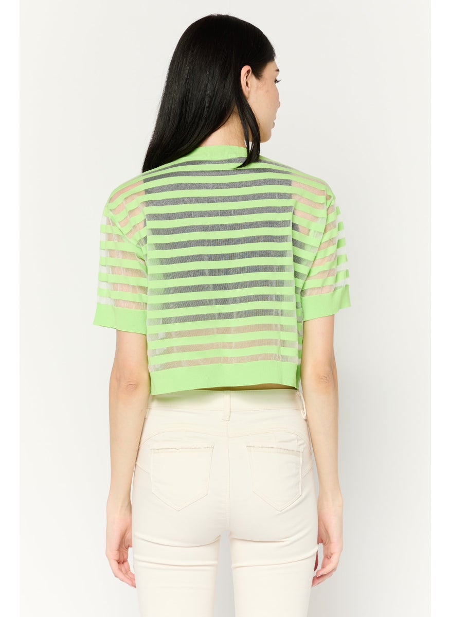 MANGO Women Crew Neck Short Sleeves Stripped Crop Top, Lime Green Combo  - Image 4