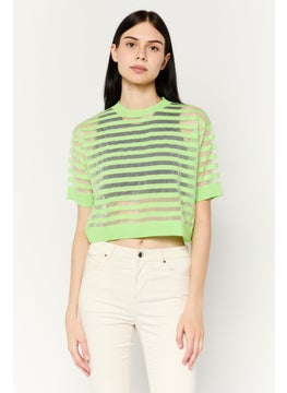 MANGO Women Crew Neck Short Sleeves Stripped Crop Top, Lime Green Combo  - Image 1