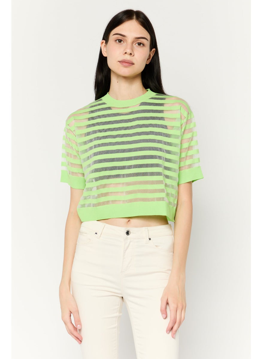 MANGO Women Crew Neck Short Sleeves Stripped Crop Top, Lime Green Combo  - Image 1