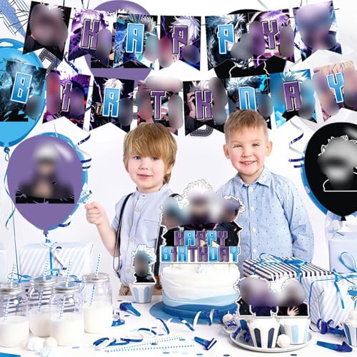 PINUO Anime Theme Birthday Banner, Cake Topper, Latex Balloons, Purple - Image 5