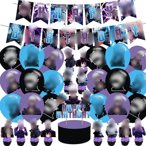 PINUO Anime Theme Birthday Banner, Cake Topper, Latex Balloons, Purple - Image 1