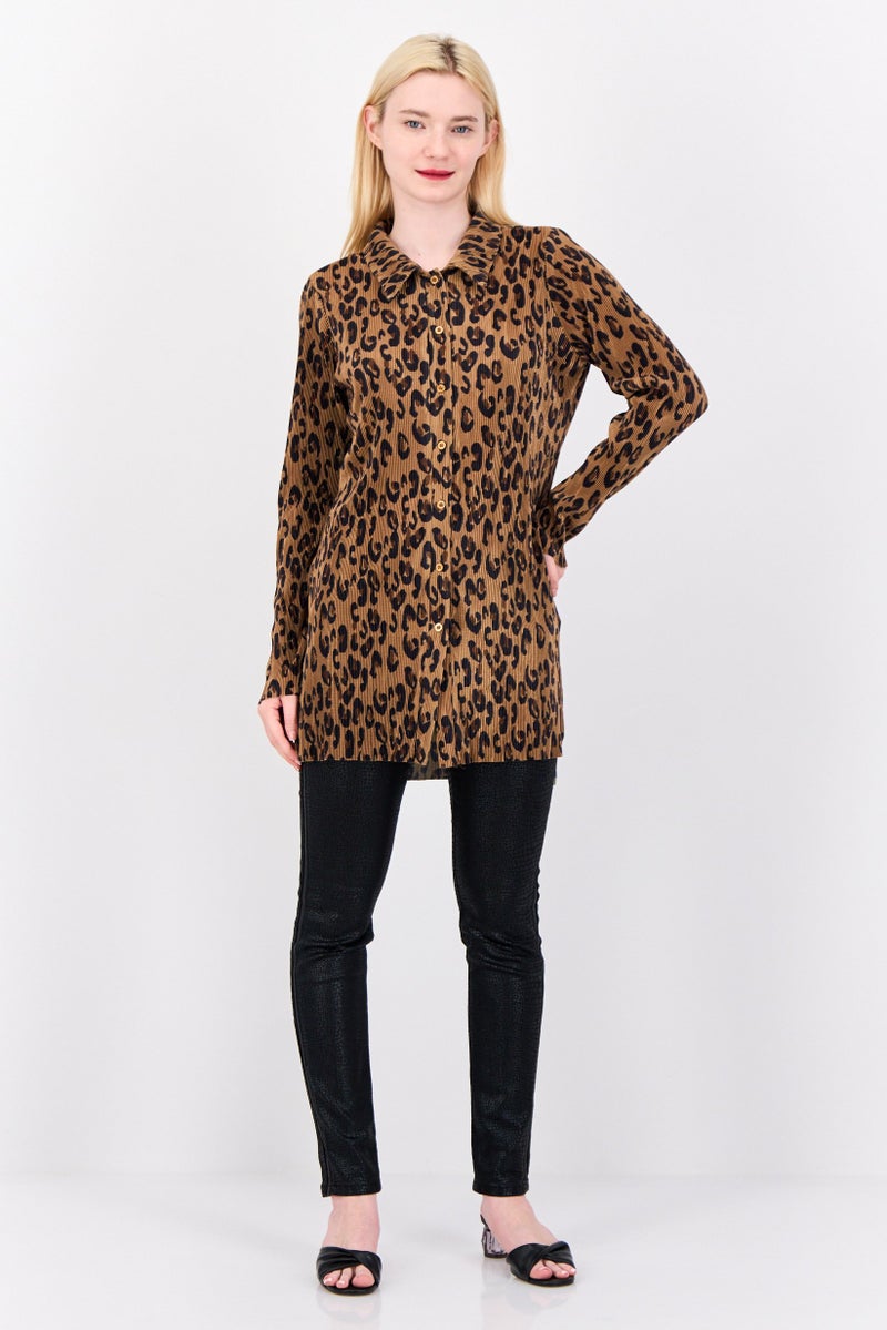 Cyrus Women Pointed Neck Long Sleeve Animal Print Blouse, Brown - Image 3