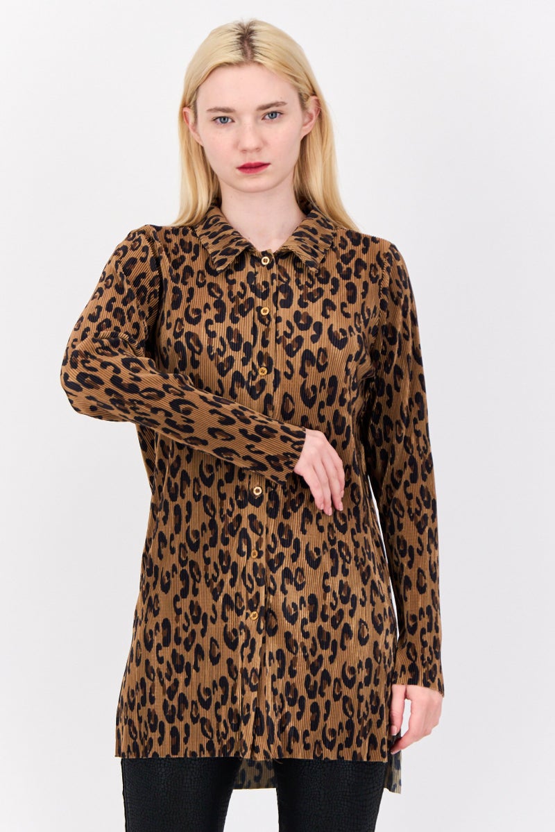 Cyrus Women Pointed Neck Long Sleeve Animal Print Blouse, Brown - Image 1