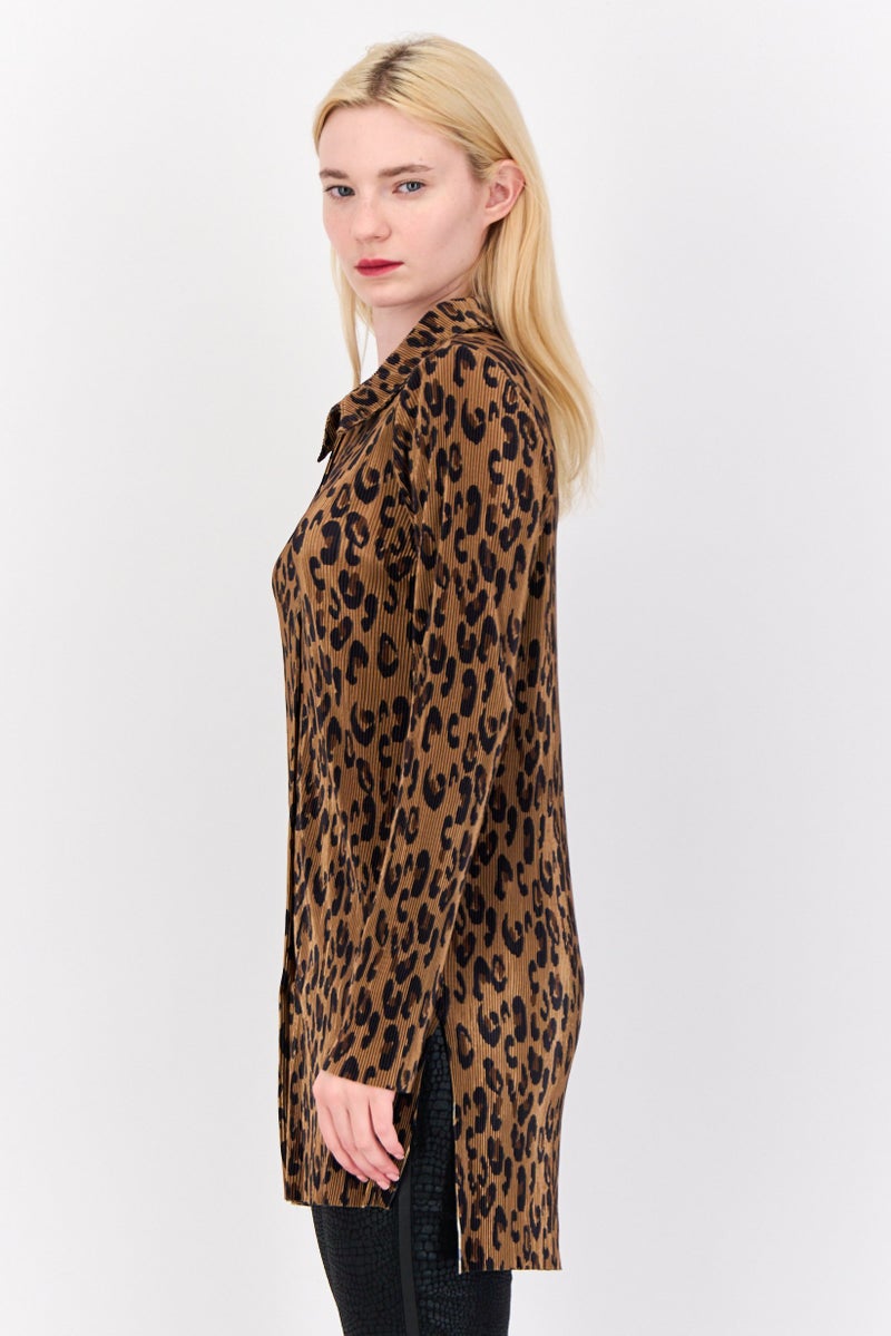 Cyrus Women Pointed Neck Long Sleeve Animal Print Blouse, Brown - Image 4