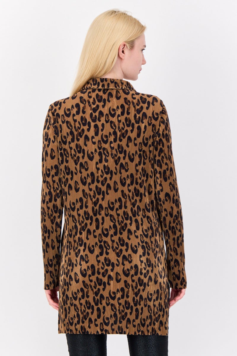 Cyrus Women Pointed Neck Long Sleeve Animal Print Blouse, Brown - Image 2
