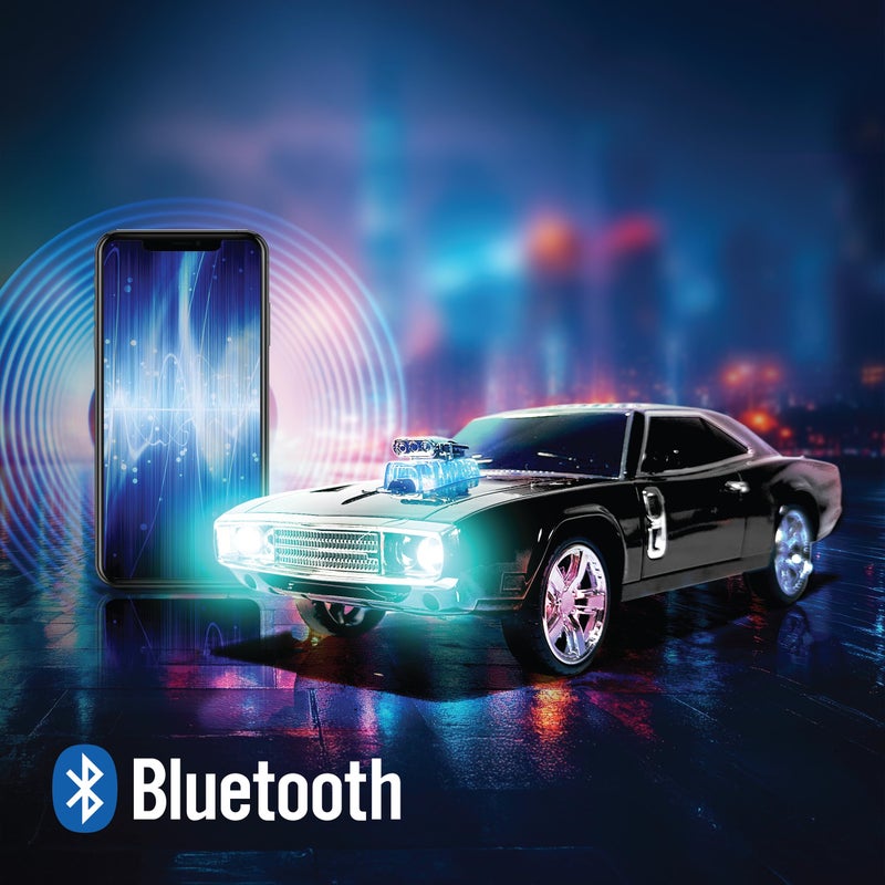 QFX Bluetooth 1968 Retro Muscle Car Replica Speaker, Dual 2-inch Speakers, Hands Free Link, Built-in Microphone, FM Radio and LED Party Lights, Black - BT-1968-BLK - Image 4
