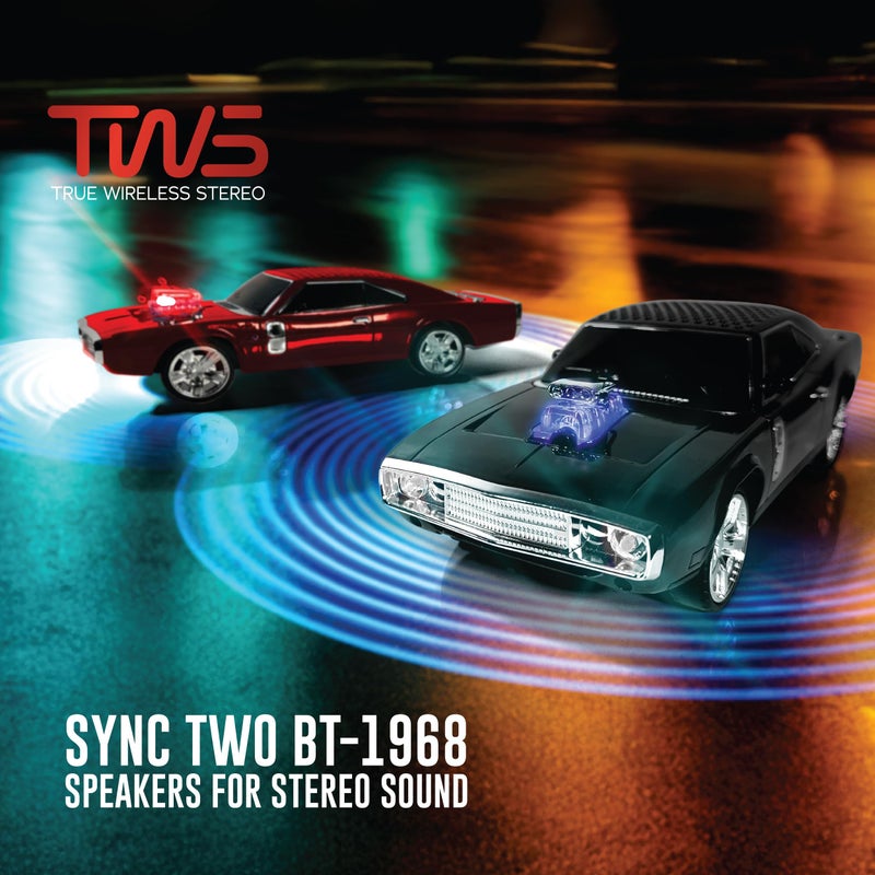 QFX Bluetooth 1968 Retro Muscle Car Replica Speaker, Dual 2-inch Speakers, Hands Free Link, Built-in Microphone, FM Radio and LED Party Lights, Black - BT-1968-BLK - Image 5