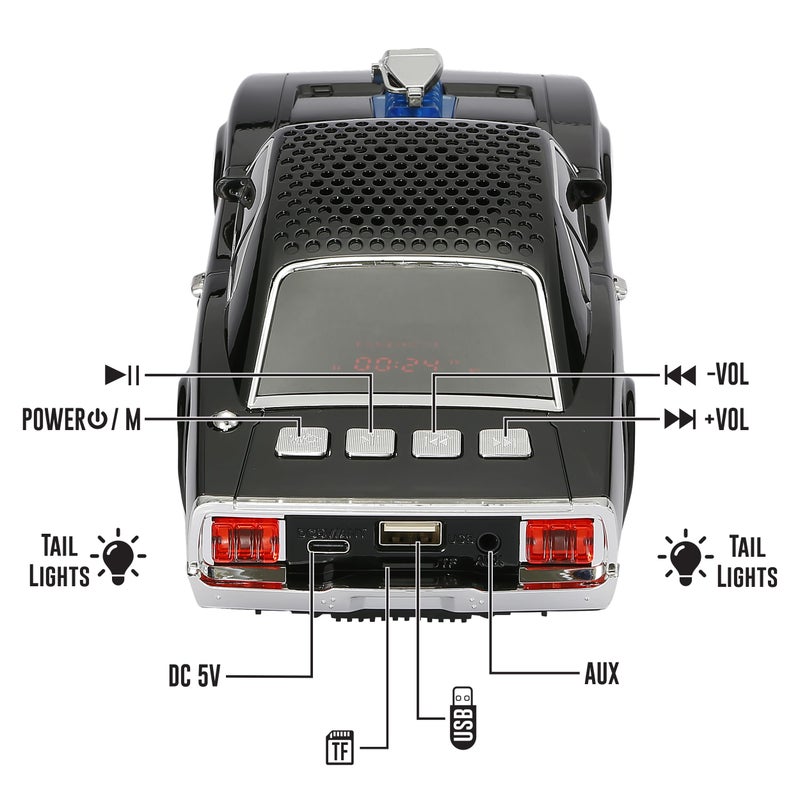 QFX Bluetooth 1968 Retro Muscle Car Replica Speaker, Dual 2-inch Speakers, Hands Free Link, Built-in Microphone, FM Radio and LED Party Lights, Black - BT-1968-BLK - Image 3
