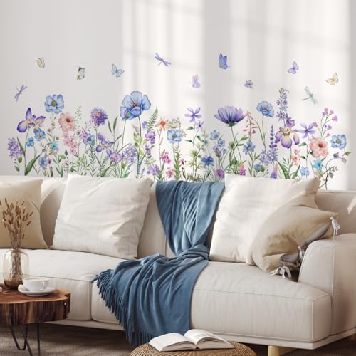 Incholl 2 Pieces Purple Flowers Wall Decals Vinyl Purple Flowers Wall Stickers Removable Floral Art Murals Peel and Stick Colorful Decor for Girls Bedroom Living Room Nursery - Image 1