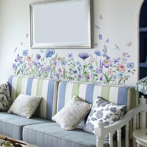 Incholl 2 Pieces Purple Flowers Wall Decals Vinyl Purple Flowers Wall Stickers Removable Floral Art Murals Peel and Stick Colorful Decor for Girls Bedroom Living Room Nursery - Image 4
