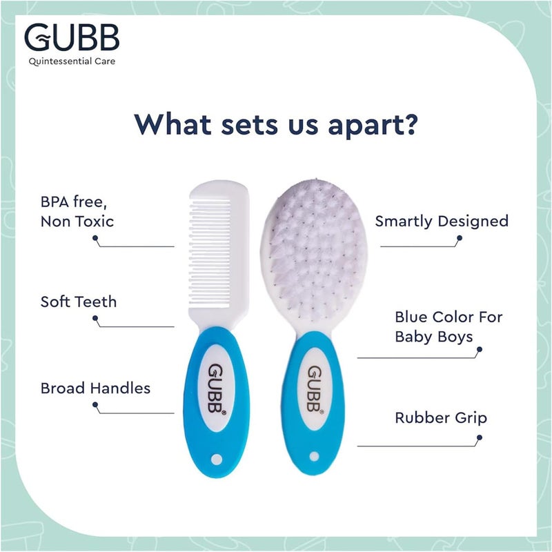 GUBB طقم العناية بالرضع للمواليد الجدد | تصميم ذكي، أسنان ناعمة، خالي من BPA وغير سامة، مجموعة مشط وفرشاة للأطفال بشعيرات نايلون ناعمة - أزرق - Image 5