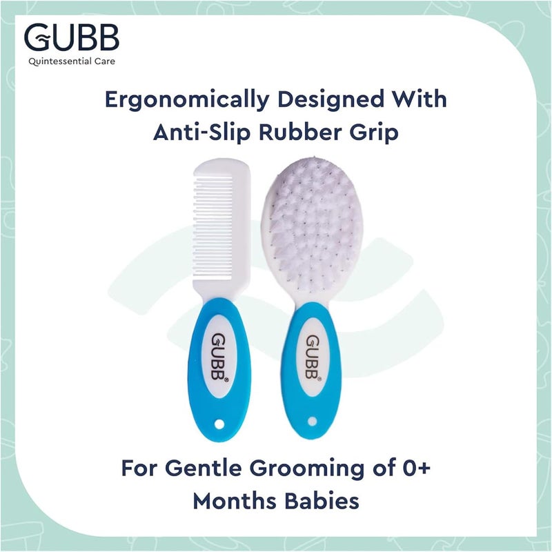GUBB طقم العناية بالرضع للمواليد الجدد | تصميم ذكي، أسنان ناعمة، خالي من BPA وغير سامة، مجموعة مشط وفرشاة للأطفال بشعيرات نايلون ناعمة - أزرق - Image 3