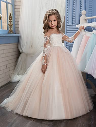 Abaowedding Lace Embroidery Sheer Long Sleeves Kids Trailing Gowns (Picture Color, 4) - Image 4