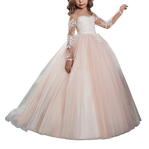 Abaowedding Lace Embroidery Sheer Long Sleeves Kids Trailing Gowns (Picture Color, 4) - Image 3