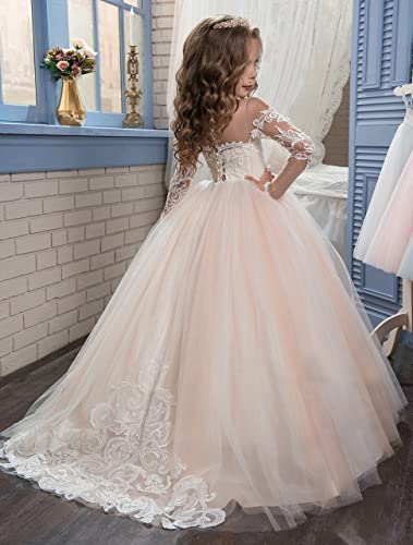 Abaowedding Lace Embroidery Sheer Long Sleeves Kids Trailing Gowns (Picture Color, 4) - Image 5