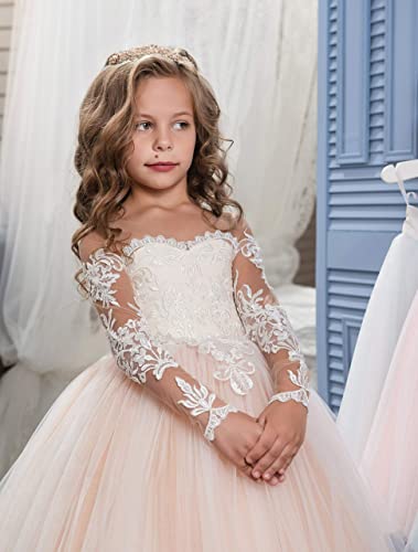 Abaowedding Lace Embroidery Sheer Long Sleeves Kids Trailing Gowns (Picture Color, 4) - Image 2