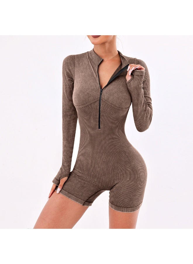 Autumn Winter Zipper Bodycon Romper Bodysuit Fitted Female Jumpsuit Clothes Women Knitted Rib Long Sleeve Romper - Image 1