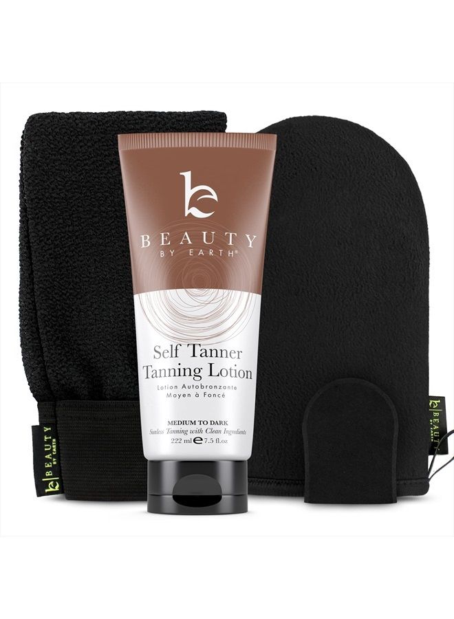 Beauty by Earth Self Tanning Bundle - Sunless Tanning Lotion Best Sellers with Self Tanning Mitt, Exfoliating Glove and Face Tanner Mitt, Best Self Tanner for Face and Body Kit for Streak Free, Sunless Tanner Results - Image 1
