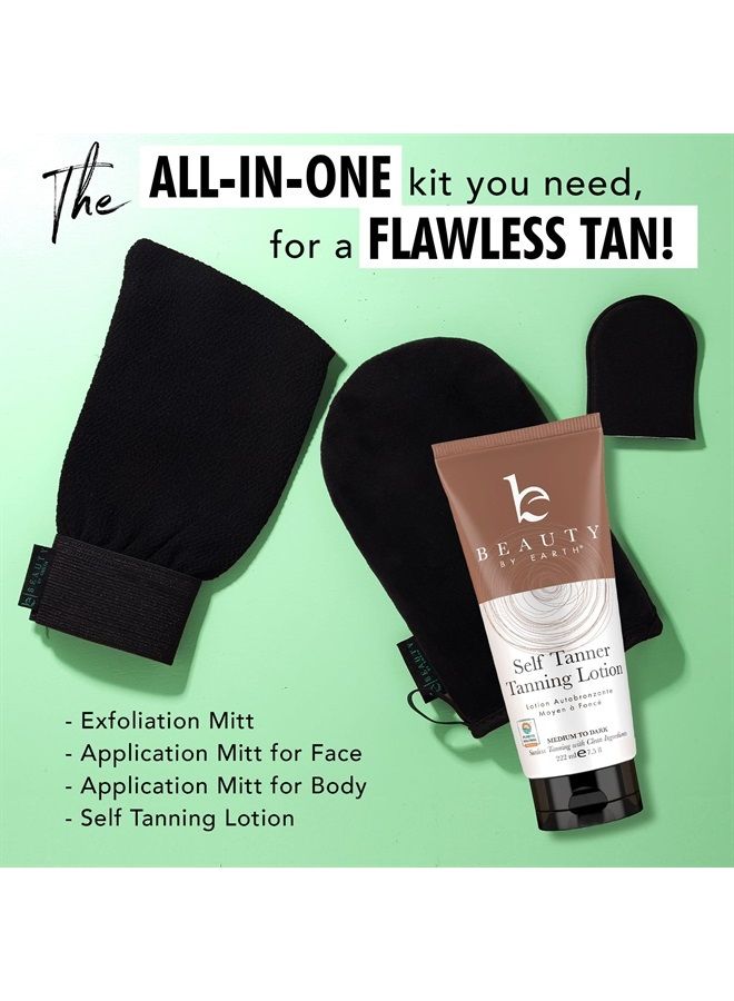 Beauty by Earth Self Tanning Bundle - Sunless Tanning Lotion Best Sellers with Self Tanning Mitt, Exfoliating Glove and Face Tanner Mitt, Best Self Tanner for Face and Body Kit for Streak Free, Sunless Tanner Results - Image 3