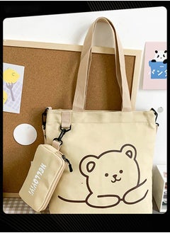 Joychic Lovely Bear Printed Student Shoulder Bag Portable Large Capacity Bookbag Foldable Tote Canvas Bag with Pencil Pouch Khaki  - Image 1