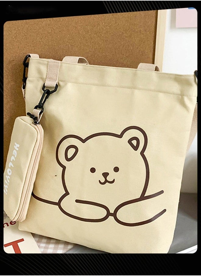 Joychic Lovely Bear Printed Student Shoulder Bag Portable Large Capacity Bookbag Foldable Tote Canvas Bag with Pencil Pouch Khaki  - Image 2