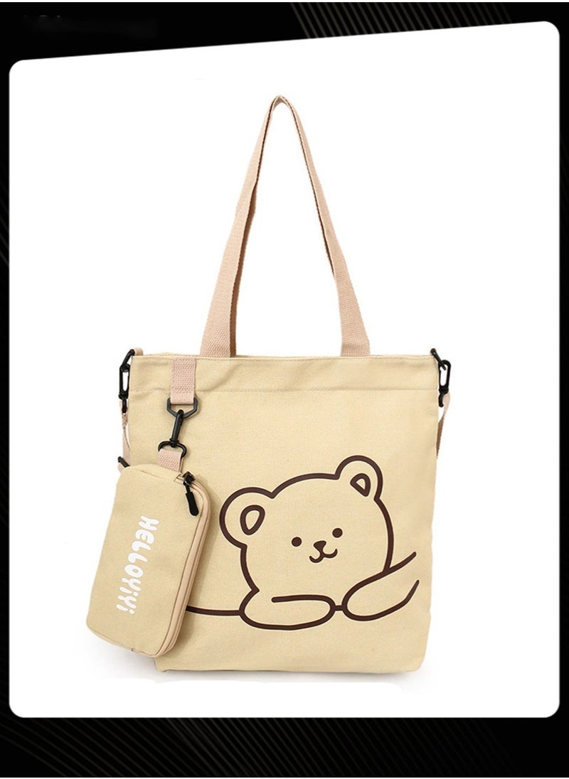 Joychic Lovely Bear Printed Student Shoulder Bag Portable Large Capacity Bookbag Foldable Tote Canvas Bag with Pencil Pouch Khaki  - Image 3
