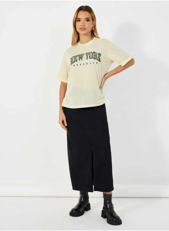 Styli Slogan Print Short Sleeves Boxy Fit T-shirtâ€‹