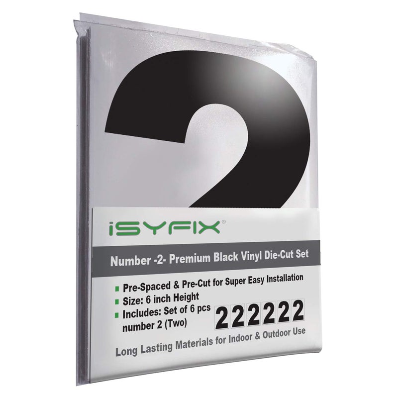 iSYFIX Black Vinyl Number 2 (Two) Stickers - 6 Pack 6 inch Self Adhesive - Decal Die Cut & Pre-Spaced for Mailbox, Signs, Window, Door, Cars, Trucks, Home, Business, Address Number, Indoor & Outdoor - Image 1