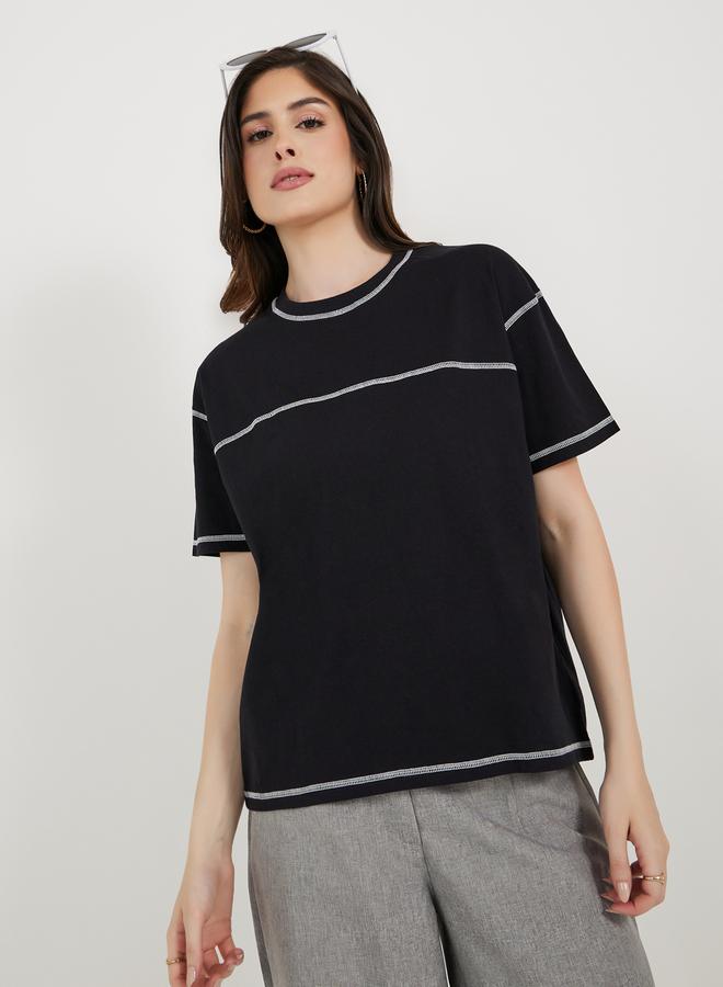 Styli Overlock Seam Round Neck Boxy T-Shirt  - Image 3