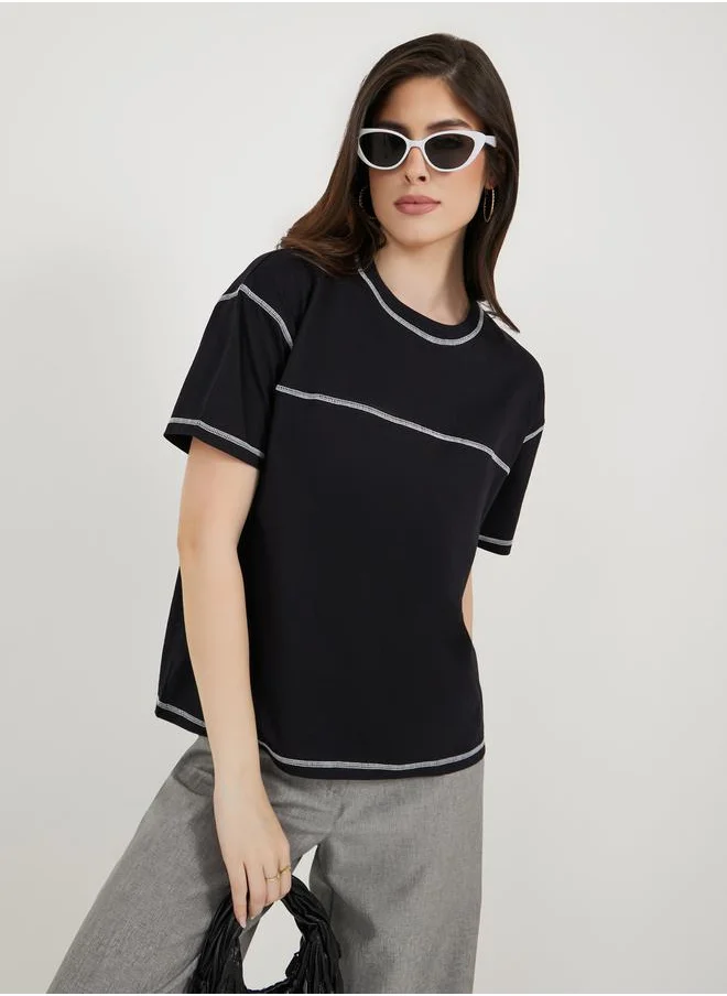 Styli Overlock Seam Round Neck Boxy T-Shirt