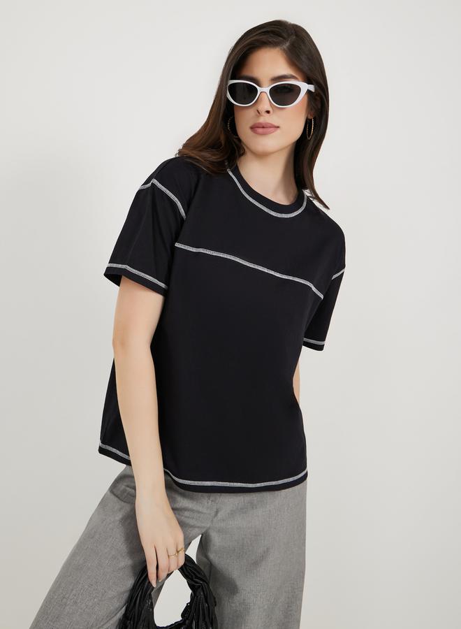 Styli Overlock Seam Round Neck Boxy T-Shirt  - Image 1