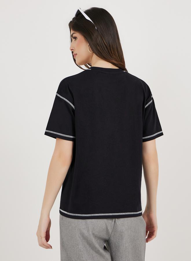 Styli Overlock Seam Round Neck Boxy T-Shirt  - Image 5
