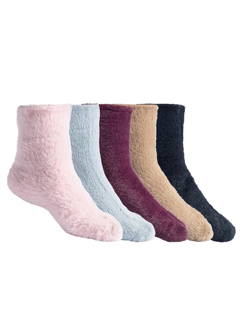 Texton Kids Faux Fur Nylon Thick Terry Microfibre Woolen Winter Ankle Socks – Warm, Soft, Cozy, Plush Texture, Stretch Fit, Multicolor Design, Pack of 5 - Image 1
