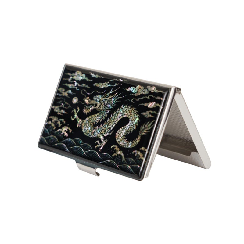 February Mountain Mother of Pearl Business Card Case Korea Traditional Gifts Slim Metal Holder for Business Credit Cards PocketSized Purse Wallet Dragon - Image 2