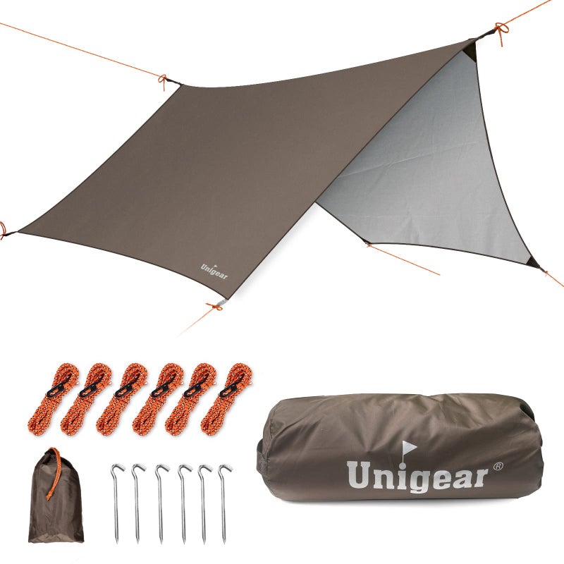 Unigear Unigear Hexagon Hammock Rain Fly,15x14FT/12x10FT Multifunctional Waterproof Camping Tarp,Lightweight and Compact Tent Tarp for Backpacking, Hiking, Traveling (Brown, 15 x 14 ft)  - Image 1