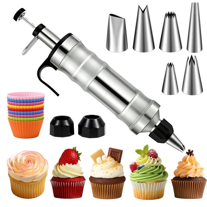 DESSERT DECORATING SYRINGE SET ICING PIPING KIT STAINLESS STEELS CAKE DECORATING TOOLS 6 PIPING ICING NOZZLES CUPCAKE DECORATING KIT