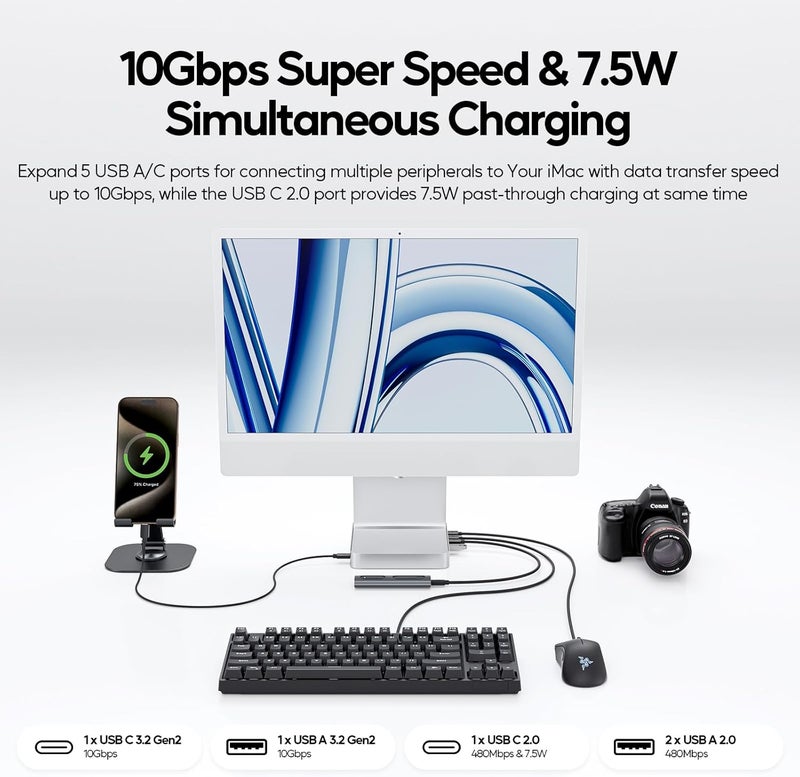 PULWTOP محور USB-C 11 في 1 لـ iMac 24 بوصة 2021 2023 2024 محطة إرساء USB تدعم M.2 SSD (غير مضمنة),ملحقات iMac M1 M3 M4,HDMI 4K,إيثرنت 2.5G,5 منافذ USB A/C 3.2 10 جيجابت في الثانية,SD/TF (فضي) - Image 5