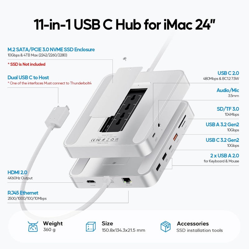 PULWTOP محور USB-C 11 في 1 لـ iMac 24 بوصة 2021 2023 2024 محطة إرساء USB تدعم M.2 SSD (غير مضمنة),ملحقات iMac M1 M3 M4,HDMI 4K,إيثرنت 2.5G,5 منافذ USB A/C 3.2 10 جيجابت في الثانية,SD/TF (فضي) - Image 2