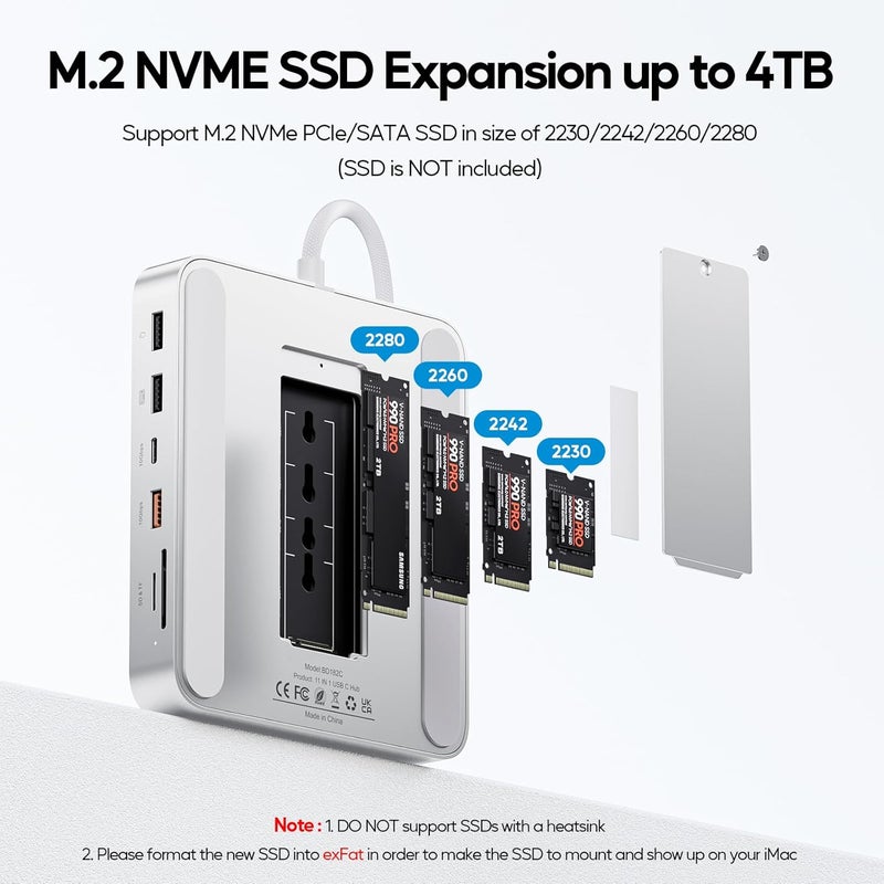 PULWTOP محور USB-C 11 في 1 لـ iMac 24 بوصة 2021 2023 2024 محطة إرساء USB تدعم M.2 SSD (غير مضمنة),ملحقات iMac M1 M3 M4,HDMI 4K,إيثرنت 2.5G,5 منافذ USB A/C 3.2 10 جيجابت في الثانية,SD/TF (فضي) - Image 3