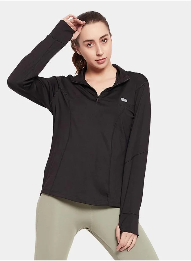 Clovia Plain Comfort Fit Half-Zip T-Shirt with Thumbhole by Styli