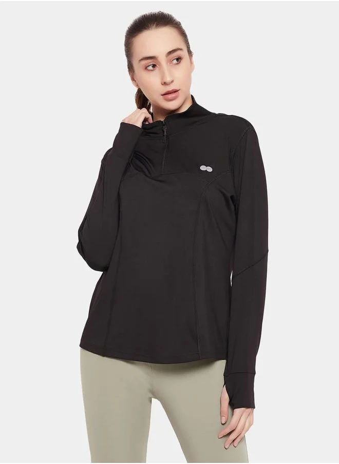 Clovia Plain Comfort Fit Half-Zip T-Shirt with Thumbhole by Styli